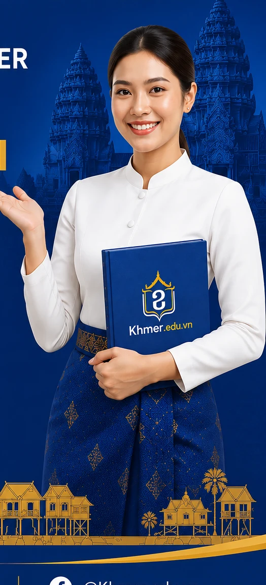 Poster Khmer.edu.vn với hình cô gái Khmer và phông nền Angkor